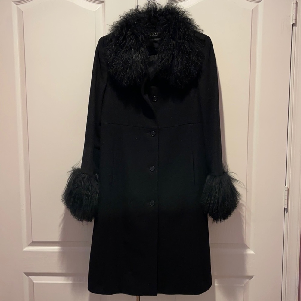 STEVE By SEARLE blk Cashmere blend winter coat with Mongolian lamb fur trim SZ 8